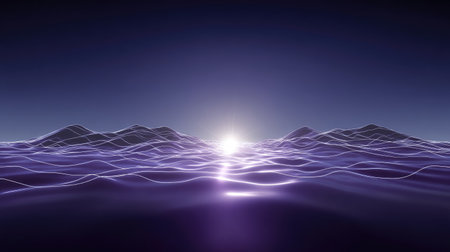 A beautiful seascape showcasing a vibrant purple sunset over gentle waves. The peaceful ambiance captures the essence of nature's tranquility, perfect for relaxation.の素材