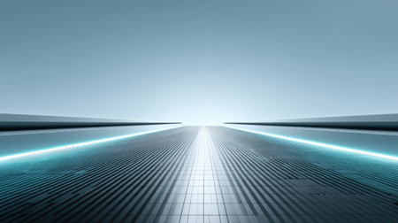 A minimalistic perspective of a futuristic roadway showcasing blue and light gray tones. The image emphasizes depth and space, inviting viewers to explore possibilities.の素材