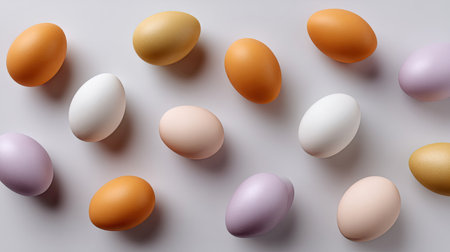 A vibrant and colorful assortment of eggs arranged on a light background, ideal for celebrating Easter or adding joyful accents to spring-themed decorations.の素材