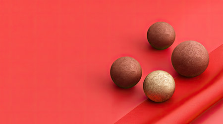 This image features four distinct textured spheres resting on a bold red background alongside smooth fabric, ideal for modern design projects and creative concepts.の素材