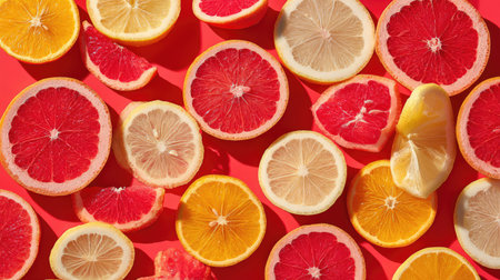 A vibrant display of citrus fruits including lemon, grapefruit, and orange, beautifully arranged on a bright background, perfect for food photography and healthy lifestyle inspiration.の素材