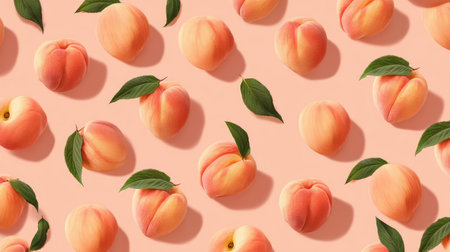 A visually appealing arrangement of fresh peaches accompanied by green leaves against a soft pink background, perfect for themes related to summer, food, and health.の素材