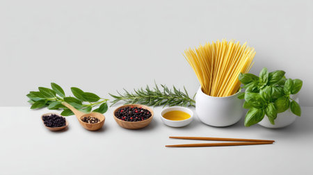 A visually appealing arrangement of fresh ingredients ideal for Italian cooking, featuring spaghetti, herbs, spices, and olive oil displayed on a neutral background.の素材