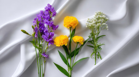 A stunning arrangement of purple, yellow, and white flowers set against a soft white fabric backdrop, perfect for capturing the beauty of nature and elegance.の素材