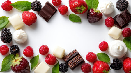 A vibrant arrangement of fresh strawberries, raspberries, blackberries, and rich chocolate squares surrounded by creamy whipped toppings, perfect for enhancing desserts.の素材