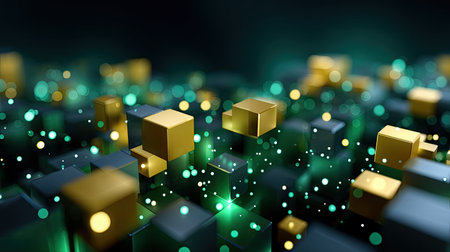 Immersive digital composition featuring floating cubes and light spheres in gold and green tones, creating a captivating abstract landscape perfect for various design applications.の素材