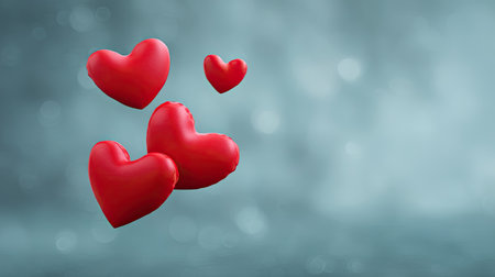 Four vibrant red hearts float gracefully against a soft blue backdrop, evoking warm feelings of love and tenderness, perfect for romantic themes and celebrations.の素材