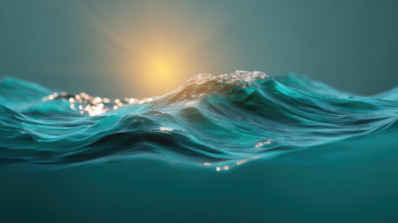 Captivating view of ocean waves under a warm sunrise, showcasing shimmering reflections on the water surface. Ideal for peaceful and tranquil nature projects.の素材