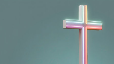 A modern illuminated cross featuring a soft colorful glow, resting against a muted background that symbolizes faith and hope in contemporary design.の素材