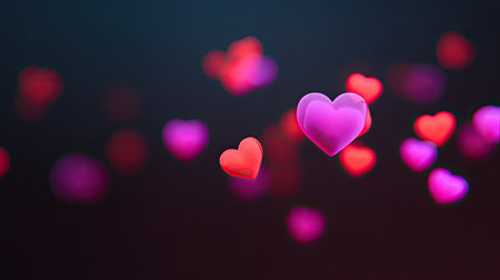 Colorful hearts float in a soft-focus gradient background, creating a dreamy and romantic atmosphere perfect for love-themed projects and creative expressions.の素材