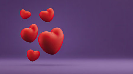 A collection of red hearts floating against a rich purple background, capturing themes of love and affection. Ideal for romance and heartfelt design projects.の素材