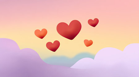 A captivating illustration featuring vibrant hearts floating in a dreamy sky, surrounded by soft clouds and a stunning gradient sunset, perfect for romantic themes.の素材