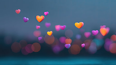 A mesmerizing display of colorful hearts floating gently on a blurred background. The soft bokeh effect enhances the romantic vibe, ideal for love-themed projects.の素材
