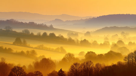 A tranquil scene showcasing a golden sunrise illuminating misty hills and silhouetted trees. The soft light creates a peaceful atmosphere for nature lovers.の素材