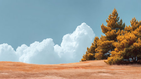 A serene landscape showcasing golden grass and vibrant trees set against a clear blue sky adorned with fluffy clouds, perfect for nature lovers and outdoor enthusiasts.の素材