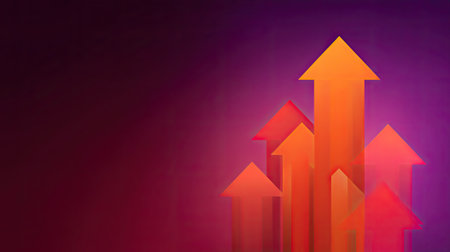 This vibrant illustration features bright orange arrows on a rich purple background, symbolizing growth and progress in business contexts. Ideal for marketing themes.の素材