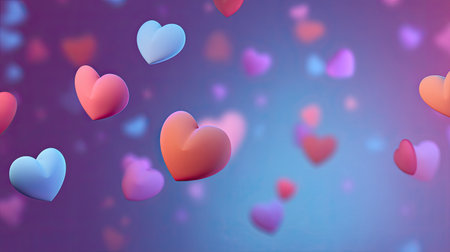 A whimsical scene of colorful hearts gently floating against a soft gradient background, perfect for romantic and joyful themes in various creative projects.の素材