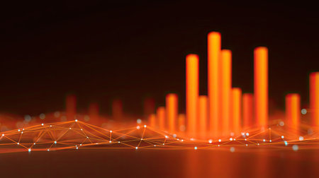 Explore a captivating abstract composition featuring glowing orange bars and interconnecting lines, symbolizing data visualization in modern technology and finance.の素材