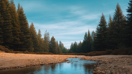 A breathtaking view of a peaceful river winding through a lush forest, showcasing the beauty of nature with clear skies and vibrant greenery, perfect for tranquil escapes.の素材