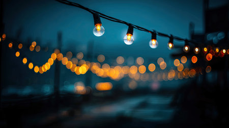 A beautiful display of string lights glowing softly in the evening, creating a warm and inviting atmosphere, ideal for celebrations, gatherings, or romantic settings.の素材