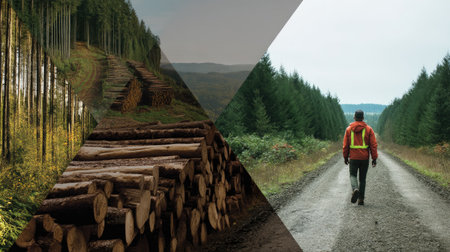 A solitary person walks along a gravel road flanked by rich greenery and stacked logs, highlighting the harmony between nature, industry, and personal exploration.の素材