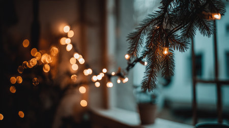 Experience the warm and cozy ambiance of holiday celebrations with soft lights intertwined with evergreen branches, creating an inviting and serene atmosphere.の素材