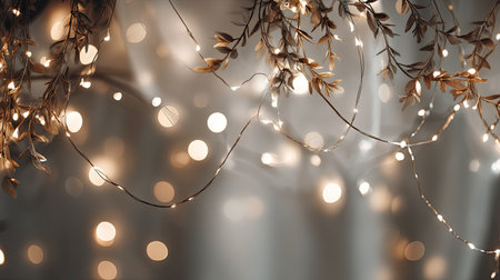 A beautiful arrangement of twinkling lights intertwined with delicate leaves creates a cozy and inviting atmosphere perfect for festive celebrations and home decor.の素材
