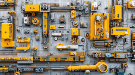 This image showcases a detailed overhead view of an industrial layout, featuring vivid yellow machinery and pipes. Ideal for themes of technology and modern design.の素材