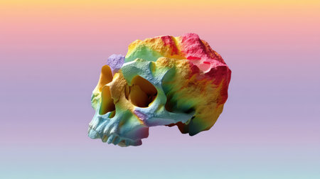Vibrant and colorful abstract skull sculpture featuring a rainbow gradient. Perfect for artistic projects, modern decor, or as a striking visual statement piece.の素材