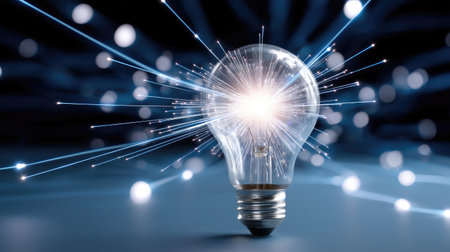 A stunning light bulb emits a bright spark, surrounded by dynamic energy lines, symbolizing creativity and innovation in modern technology and design.の素材