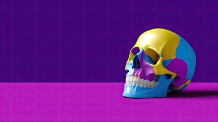 A vibrant and colorful human skull placed against a striking purple background. Ideal for educational purposes, artistic projects, and modern design themes in anatomy and science.の素材