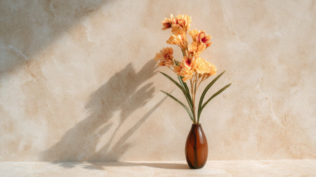 A stunning display of yellow and orange flowers in a sleek brown vase against a soft beige background, creating a serene and inviting atmosphere perfect for decor.の素材
