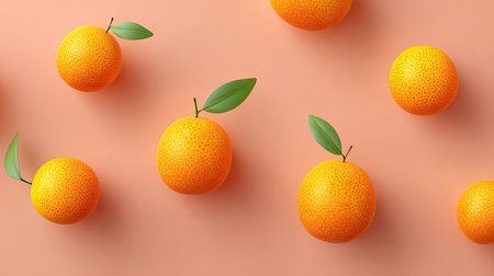 A delightful arrangement of fresh oranges with green leaves against a soft peach background, perfect for conveying healthy eating, summer enjoyment, or vibrant cooking inspiration.の素材