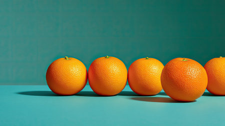 A captivating display of fresh oranges arranged neatly in a row against a soothing teal background. This image highlights vibrant colors and textures, ideal for healthy lifestyle concepts.の素材