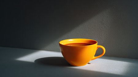 A vibrant yellow cup is elegantly placed on a table, illuminated by soft light and casting a delicate shadow, perfect for adding modern charm to any coffee moment.の素材
