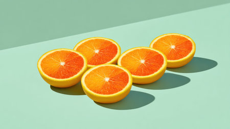 This vibrant image showcases freshly cut orange slices beautifully arranged on a minimalist background. The bright colors and shadows emphasize their juicy texture, ideal for food-related projects.の素材