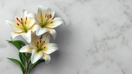 Stunning illustration of three elegant white lilies with vibrant green leaves, set against a sleek marble background, ideal for various creative projects.の素材