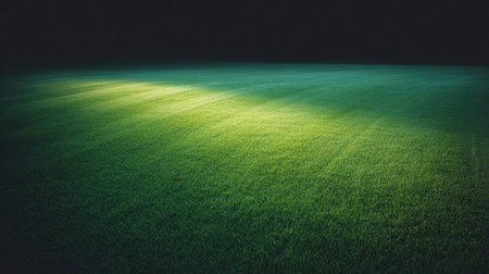 A tranquil green grass field illuminated by soft light, creating a serene and peaceful atmosphere. Ideal for themes related to nature, outdoor activities, and relaxation.の素材