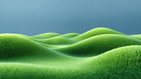 Captivating image featuring lush green hills gently undulating under a soft blue sky. This serene landscape evokes tranquility and a deep connection with nature.の素材