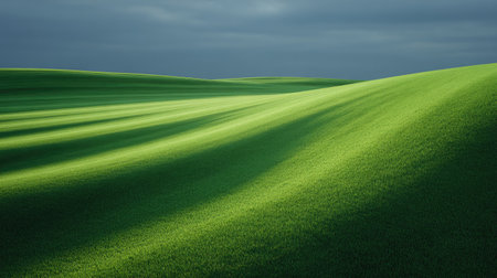 This image features a captivating green hill landscape, showcasing vibrant grass under a dramatic sky. Soft light and shadows create a tranquil atmosphere, perfect for nature-themed projects.の素材