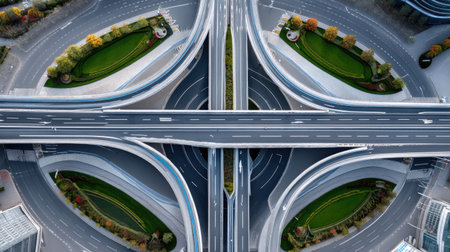 Discover an aerial perspective of a modern urban intersection showcasing road designs, lush green spaces, and dynamic traffic patterns in a vibrant city setting.の素材