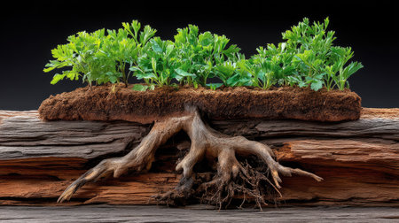 A striking composition showcasing fresh green herbs thriving on a rustic wooden surface, with exposed roots revealing a connection to nature. Ideal for organic concepts.の素材