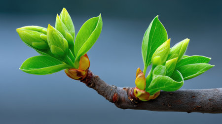 Beautiful close-up of fresh green leaves emerging from buds on a branch, capturing the essence of nature's renewal and growth in the vibrant spring season.の素材