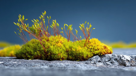 A close-up view of vibrant green moss and delicate sprouts thriving on a rocky surface, illustrating nature's resilience and beauty with a tranquil atmosphere.の素材