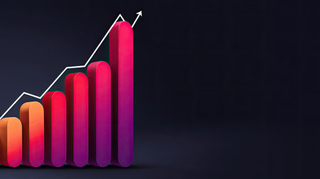 This vibrant image showcases a growth chart with colorful bars and an ascending arrow, symbolizing business success and financial progress ideal for data presentations.の素材