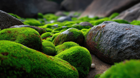 A close-up view of vibrant green moss covering rocks in a serene outdoor setting, capturing the beauty of nature and the tranquility of the environment in gentle light.の素材