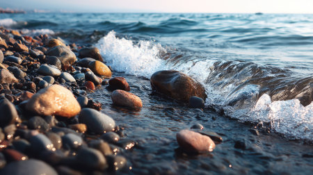 Experience the serene beauty of a tranquil shoreline where gentle waves embrace colorful pebbles. This coastal scene captures nature's calmness at sunset.の素材