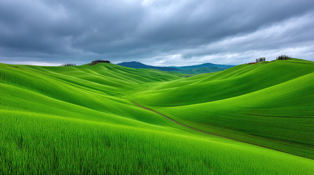 Experience the serene beauty of lush green hills under a dramatic cloudy sky, showcasing nature's vibrant colors and tranquil rural landscape.の素材
