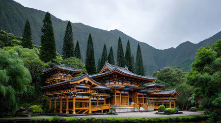 Explore a tranquil Japanese temple nestled among lush greenery and majestic mountains, capturing a peaceful and spiritual atmosphere in a cloudy setting.の素材