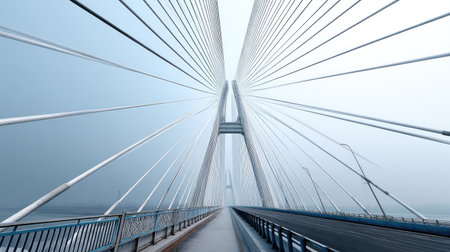 A stunning view of a suspension bridge, showcasing sleek steel cables and an inviting empty roadway, surrounded by a gentle mist, perfect for evoking tranquility and exploration.の素材